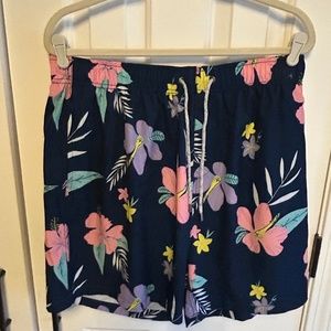 Mens Tropical Navy Blue Print Bathing Suit